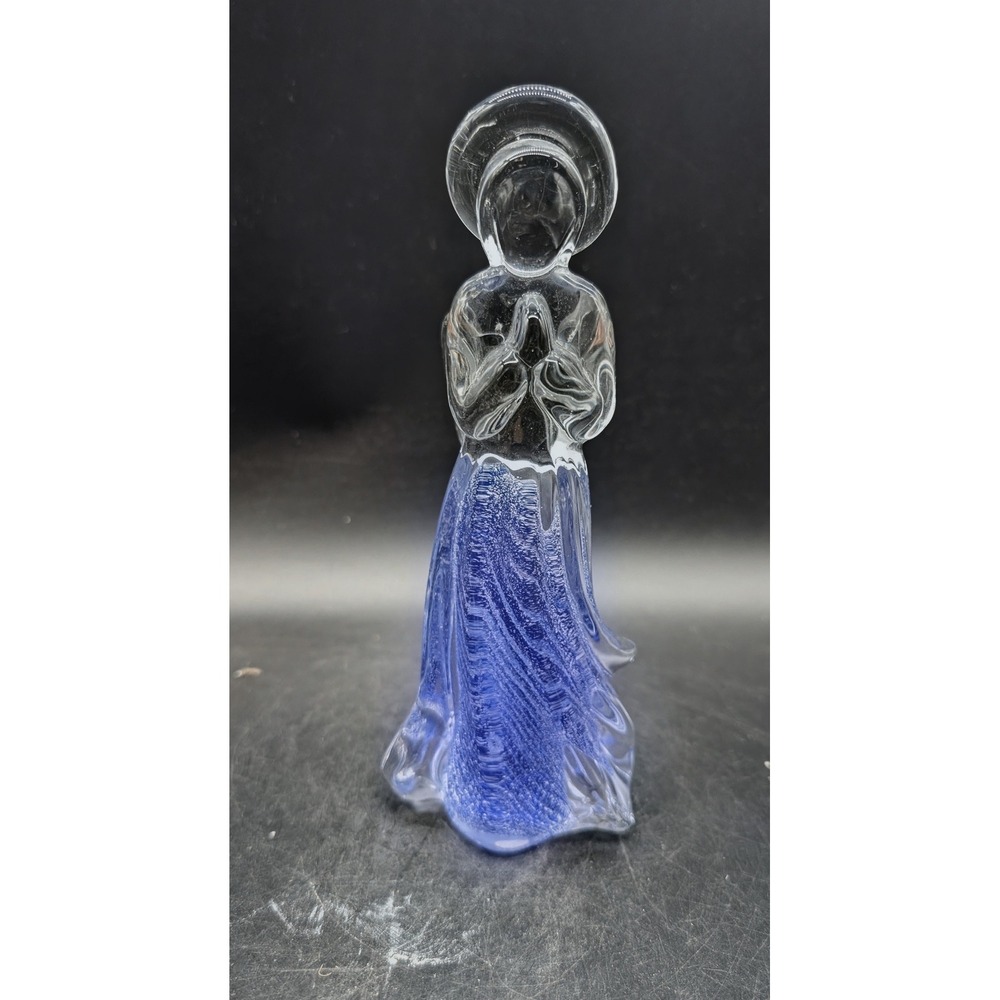 Vintage Cobalt Blue Controlled Bubble Art Glass Praying Angel Figurine Taiwan 8"